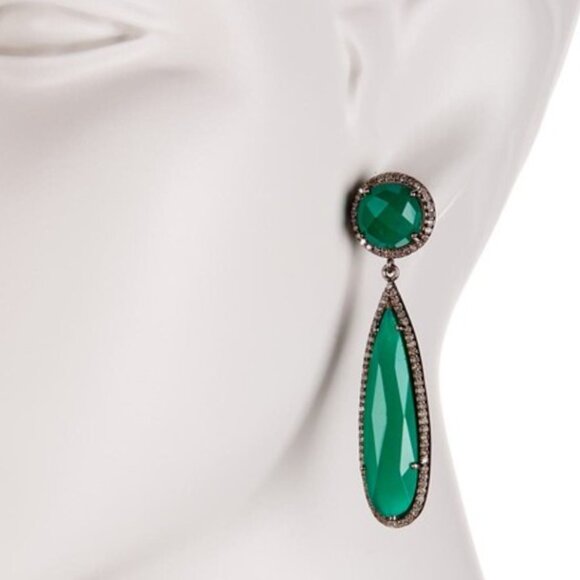 NEW ADORNIA FINE Gillian Green Onyx & Champagne Diamond Teardrop Earrings - Picture 2 of 2